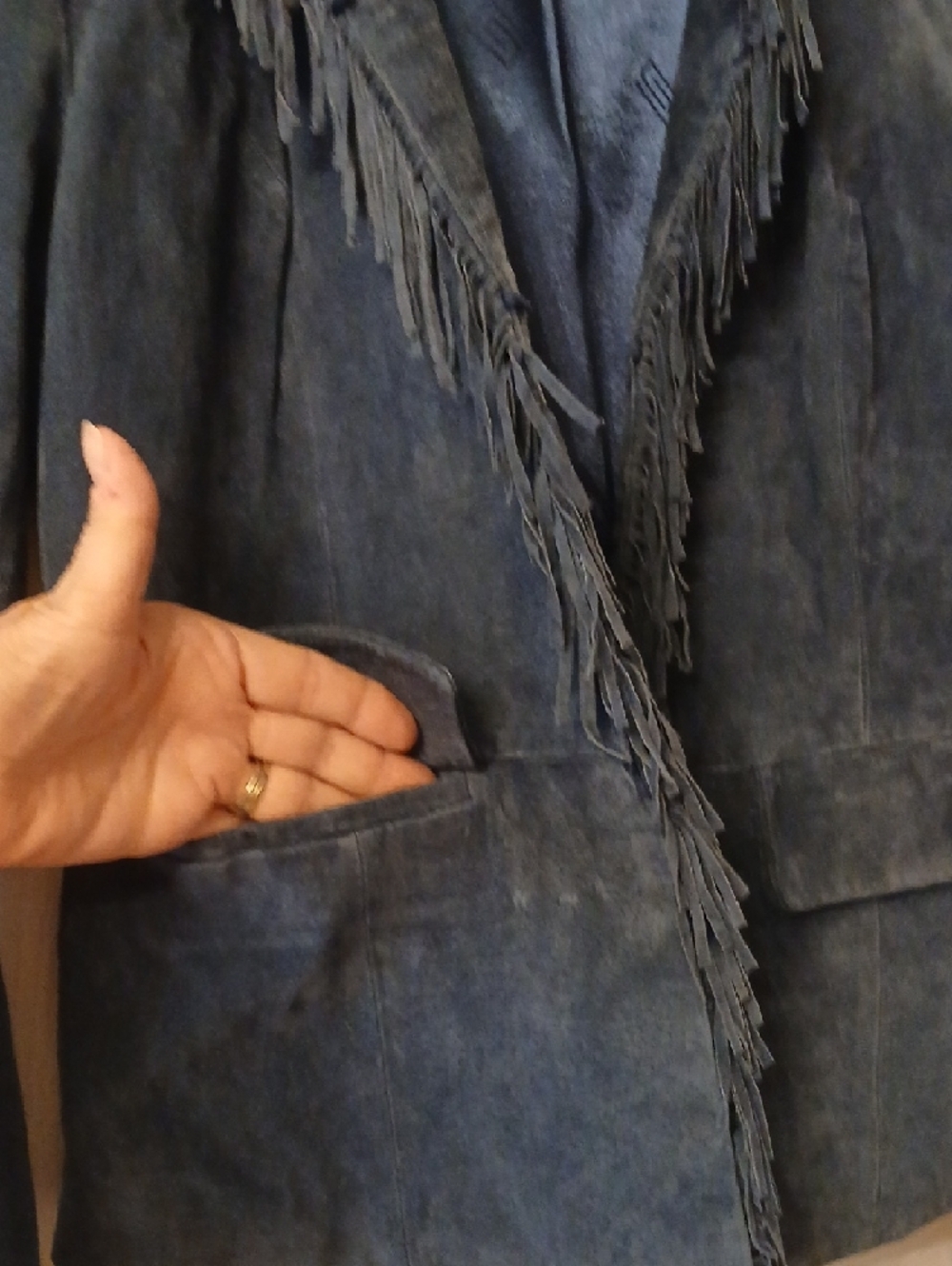 Pamela McCoy Denim-Blue Suede Fringe Jacket - Picture 10 of 11